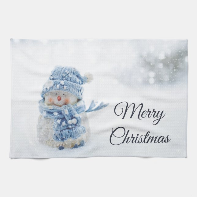 Cute Snowman in Winter Photograph Christmas Kitchen Towel (Horizontal)