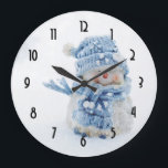 Cute Snowman in Winter Photograph Christmas Large Clock<br><div class="desc">Clock Illustrated with a cute photograph of a little snowman. Standing outside in the winter with snow falling all around. This cute little guy is dressed up in blue knitted outdoor clothing. Some white/grey bokeh flare in the background.</div>