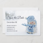 Cute Snowman in Winter Photograph Christmas Save The Date<br><div class="desc">Save the date card with a cute photograph with a little snowman. Standing outside in the winter with snow falling all around. This cute little guy is dressed up in blue knitted outdoor clothing. Some white/grey bokeh flare in the background.</div>