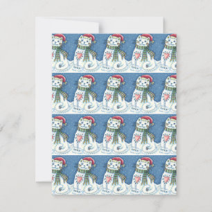 CUTE SNOWMAN KITTEN, SNOWFLAKES CAT AND MOUSE HOLIDAY CARD