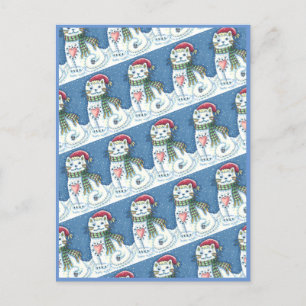 CUTE SNOWMAN KITTEN, SNOWFLAKES CAT AND MOUSE HOLIDAY POSTCARD