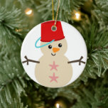 Cute Snowman Made of Sand with Pail for Hat Ceramic Ornament<br><div class="desc">Cute beach loving snowman made of sand with a pail for a hat and starfish buttons.</div>