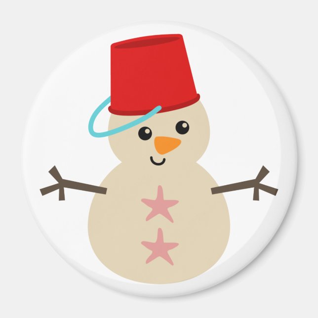 Cute Snowman Made of Sand with Pail for Hat Magnet (Front)