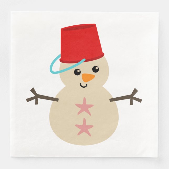 Cute Snowman Made of Sand with Pail for Hat Napkin (Front)
