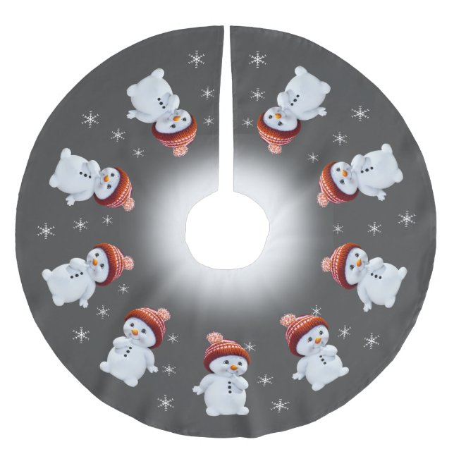 Cute snowman mandala & snowflakes on grey brushed polyester tree skirt (Front)