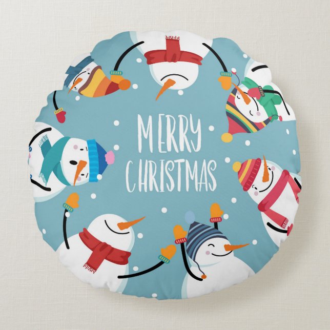 Cute Snowman Merry Christmas Festive Holidays Round Pillow (Front)