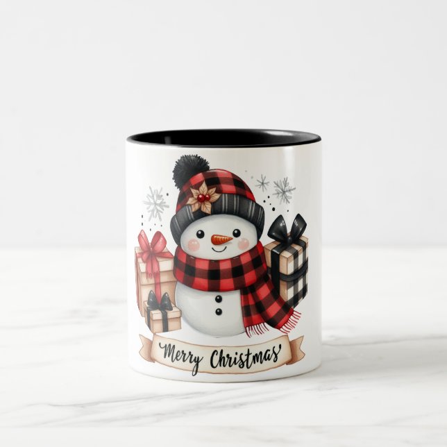 Cute Snowman /Merry Christmas Two-Tone Coffee Mug (Center)