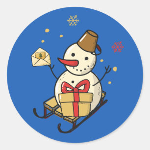 Cute Snowman On A Sled Classic Round Sticker