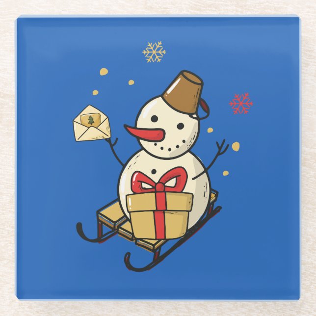 Cute Snowman On A Sled Glass Coaster (Front)