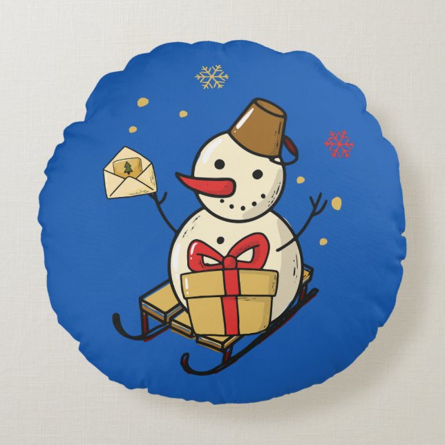 Cute Snowman On A Sled Round Pillow (Front)