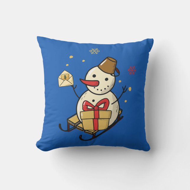 Cute Snowman On A Sled Throw Pillow (Front)