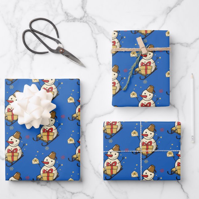 Cute Snowman On A Sled Wrapping Paper Sheet (Front)
