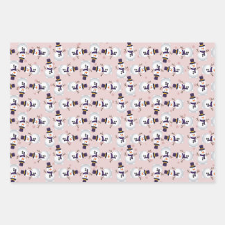 Cute Snowman on Bink, Blue and Green Background Wrapping Paper Sheet