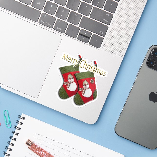 Cute Snowman on Christmas Stocking Custom-Cut (Laptop w/ iPhone)