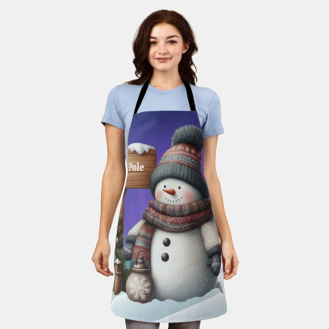 Cute snowman on North Pole with northern lights Apron (Worn)