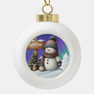 Cute snowman on North Pole with northern lights Ceramic Ball Christmas Ornament