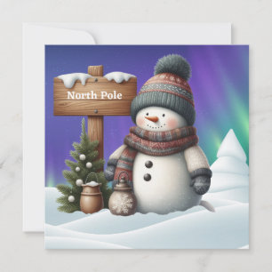 Cute snowman on North Pole with northern lights Holiday Card