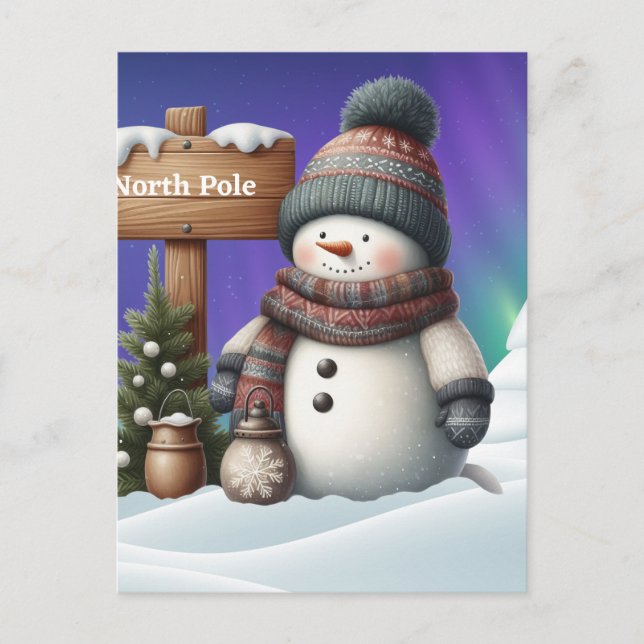 Cute snowman on North Pole with northern lights Holiday Postcard (Front)