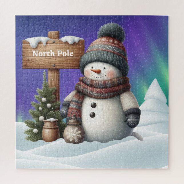 Cute snowman on North Pole with northern lights Jigsaw Puzzle (Vertical)