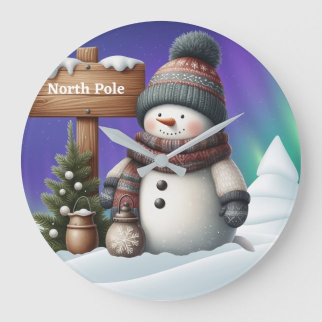 Cute snowman on North Pole with northern lights Large Clock (Front)