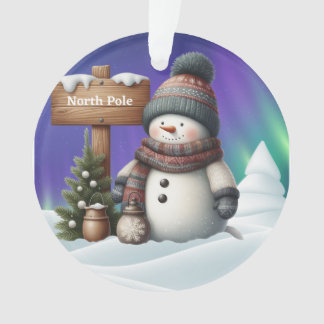Cute snowman on North Pole with northern lights Ornament