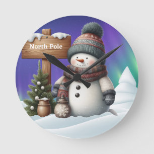 Cute snowman on North Pole with northern lights Round Clock