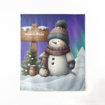 Cute snowman on North Pole with northern lights