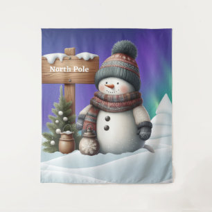 Cute snowman on North Pole with northern lights Tapestry