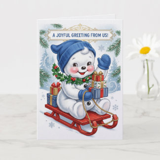 Cute Snowman on Sled Christmas Card