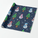 Cute Snowman pattern with Christmas trees    Wrapping Paper<br><div class="desc">This is cute white Snowmen pattern in blue,  red and pink  with colourful Christmas trees and little snowflakes on dark blue background. It's great party supply  for Christmas and holidays season</div>