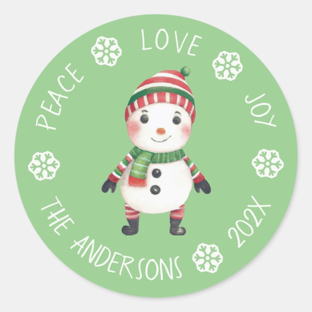 Cute Snowman Peace Love Joy Snowflake Christmas Classic Round Sticker (Front)