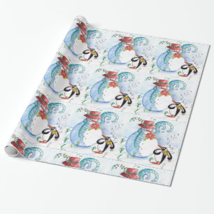 CUTE SNOWMAN & PENGUIN'S WINTER SERENADE Christmas Wrapping Paper