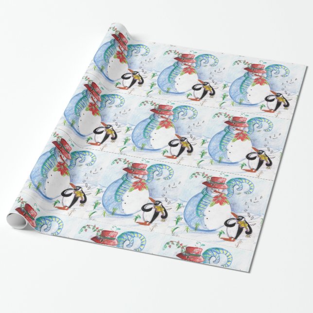 CUTE SNOWMAN & PENGUIN'S WINTER SERENADE Christmas Wrapping Paper (Unrolled)