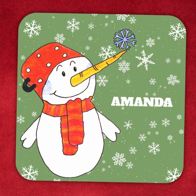 Cute Snowman Personalizable Kids Christmas Square Sticker (Creator Uploaded)