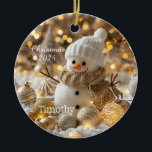 Cute Snowman Personalized Christmas Ornament<br><div class="desc">Cute Snowman with sparkling gold and lights personalized with name and Christmas year.</div>