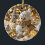 Cute Snowman Personalized Christmas Ornament<br><div class="desc">Cute Snowman with sparkling gold and lights personalized with name and Christmas year.</div>
