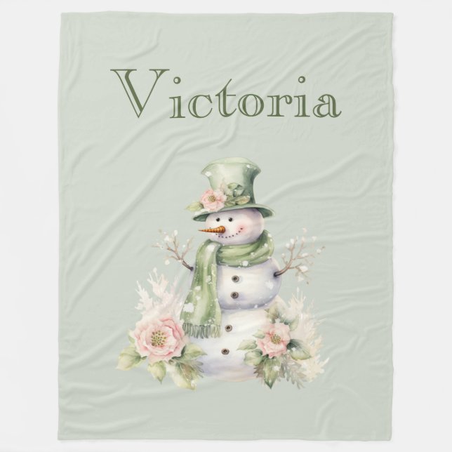 Cute Snowman Personalized Modern Green  Fleece Blanket (Front)