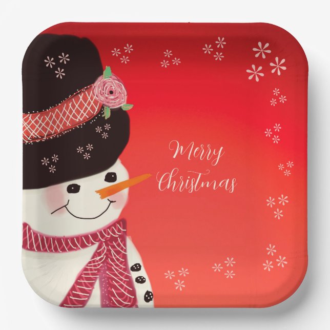Cute Snowman Personalized Square Paper Plate (Front)