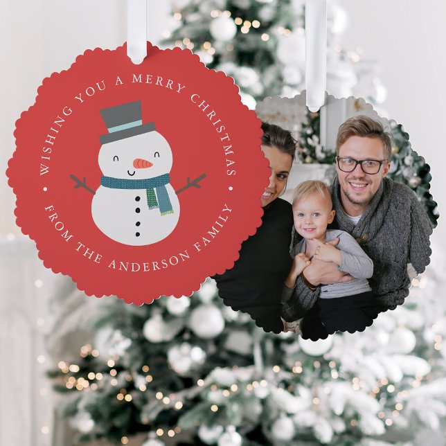 Cute Snowman Photo Holiday Ornament Card (Creator Uploaded)