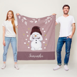 Cute Snowman Pink Christmas Add Name Fleece Blanket
