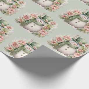 Cute Snowman Pink Flowers Christmas Holiday Wrapping Paper