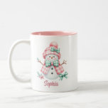 Cute Snowman Pink Green Personalized Mug<br><div class="desc">A cute snowman (or snowlady) dressed in a pink and white gingham chequered coat and hat with green and white checked coquette bows. There is a space below the design to personalize with your name! This would make a great Christmas gift.</div>