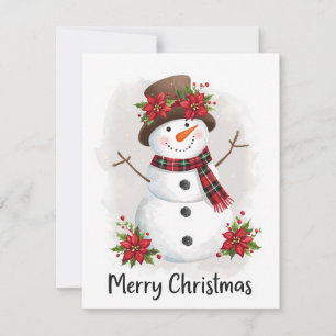 Cute Snowman Poinsettia Plaid Scarf Holiday Card