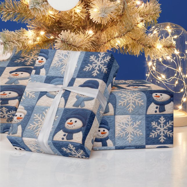 Cute Snowman Quilt Christmas Holiday Wrapping Paper (Holidays)