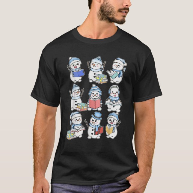 Cute Snowman Reading Book Librarian Bookworm Chris T-Shirt (Front)