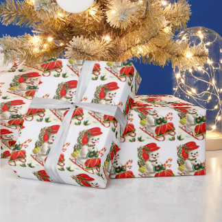Cute Snowman Red Hat Green Mittens on Sleigh Wrapping Paper
