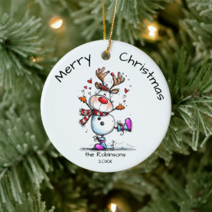 Cute Snowman Reindeer Family Name Year Ceramic Ornament