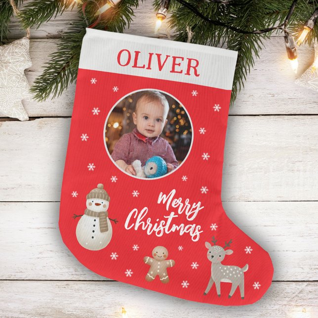 Cute Snowman Reindeer Gingerbread Snowflake Photo  Large Christmas Stocking (Creator Uploaded)