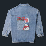 Cute Snowman Retro Christmas Denim Jacket<br><div class="desc">Cute snowman in a scarf and hat with ornaments and Merry Xmas in a retro-style advertisement look.</div>