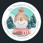 Cute Snowman Return Name Address Teal Christmas Classic Round Sticker<br><div class="desc">Add some colourful festive cuteness to your Holiday mailings with this charming snowman and snow covered forest watercolor illustration within a circular shape,  with your name curved above and your return address curved below.   All the text can be easily personalised.</div>
